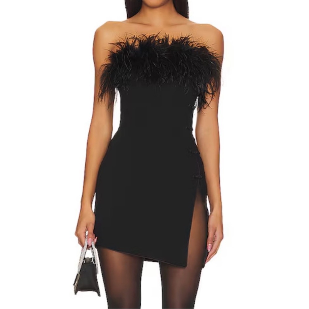 Elegant Black Feathered Strapless Dress- SAU LEE Ima Dress in Black